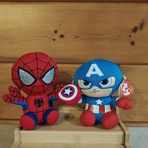 Lot 2 Captain America Marvel Stuffed Plush Toy Doll 6" TY Beanie New Spiderman
